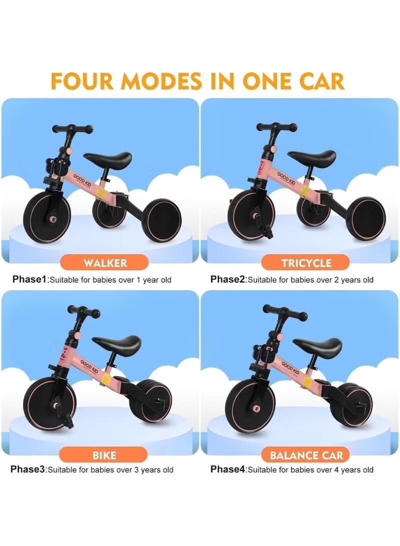 GENNEXT 4 in 1 Kids Balance Bike & Tricycle for 1-4 Years | Toddler Ride-On Bike with Adjustable Seat | Indoor Outdoor Push Trike Toy | First Birthday Gift for Boys & Girls (Pink) - Image 3