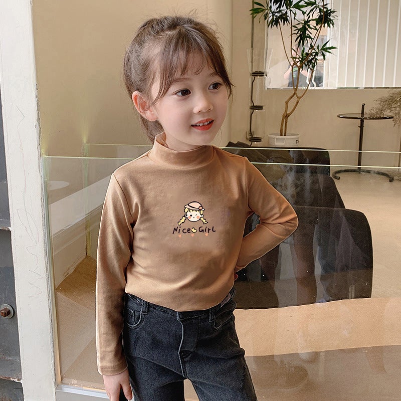 Children'S Base Shirt Half-High Collar Girl'S White Baby'S Long-Sleeved T-Shirt De-Velvet Base T-Shirt - Image 1