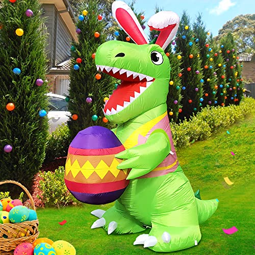 KOOY 8FT Easter Inflatable Outdoor Dinosaur with Egg Built in LED Lights Easter Blow Up Yard Decoration for Lawn Garden Holiday Party - Image 1