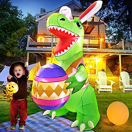 KOOY 8FT Easter Inflatable Outdoor Dinosaur with Egg Built in LED Lights Easter Blow Up Yard Decoration for Lawn Garden Holiday Party - Image 3