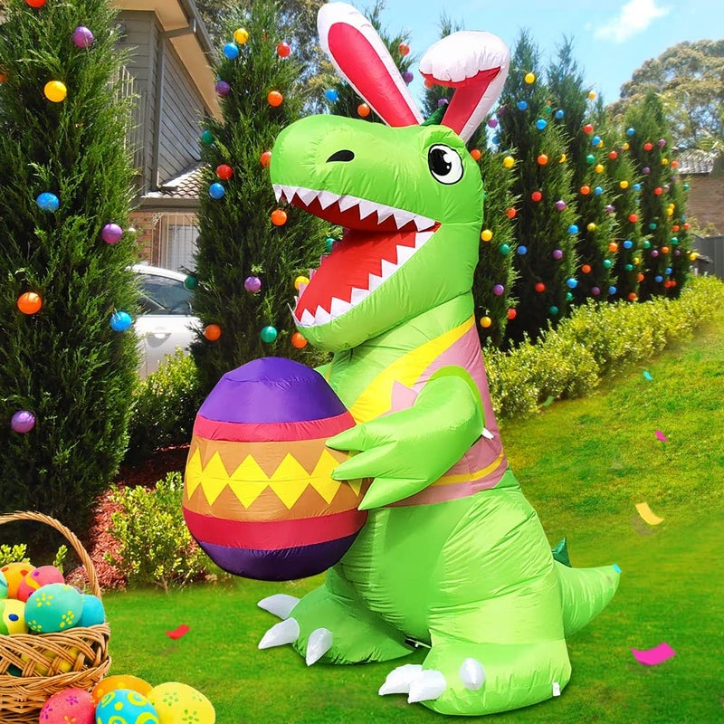 KOOY 8FT Easter Inflatable Outdoor Dinosaur with Egg Built in LED Lights Easter Blow Up Yard Decoration for Lawn Garden Holiday Party - Image 2