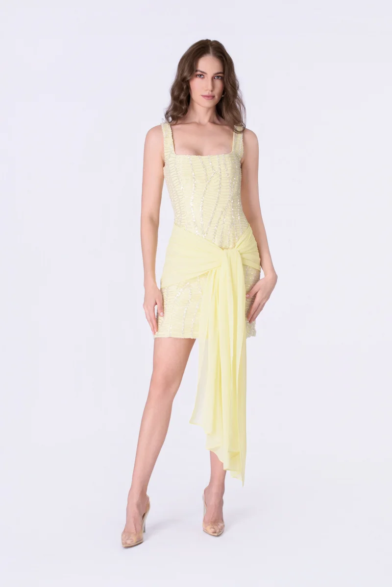 Lemon beaded dress with chiffon drape