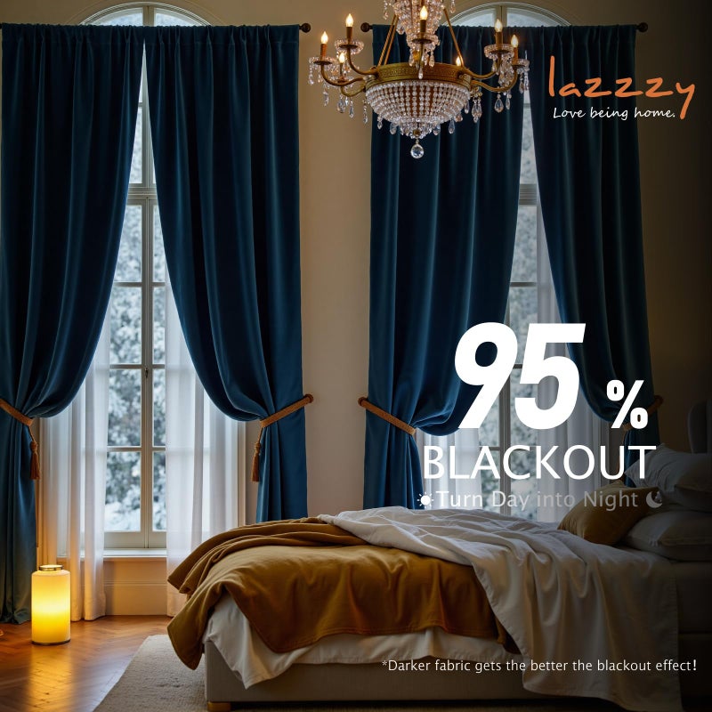 Lazzzy Velvet Blackout Curtains Thermal Insulated Room Window Drapes Super Soft Luxury Curtains For Living Room Bedroom Rod Pocket 2 Panels  Dark Blue  52 "" W X 102 "" L - Image 5