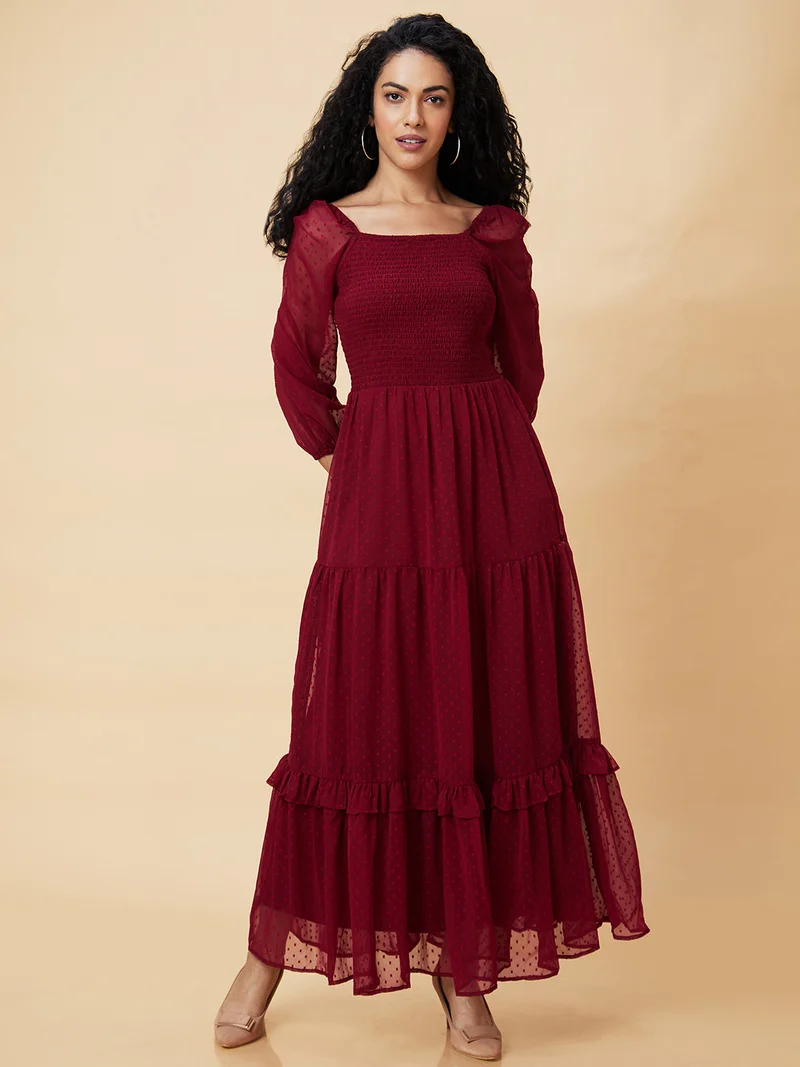 globus Women Smocked Tiered Fit & Flare Maxi Dress