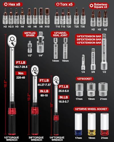 Roartisa 1/4 3/8 1/2-inch Drive Torque Wrench, 32Pcs Torque Wrench Set with Hex, Torx, Sockets, Spark Plug Socket & Adapters for Bike, Motorcycle, Car Spark - Image 2