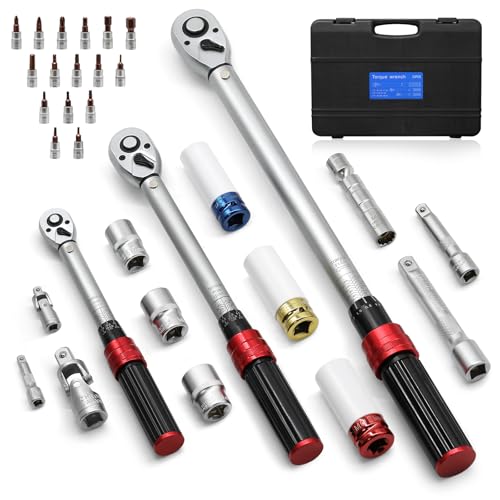 Roartisa 1/4 3/8 1/2-inch Drive Torque Wrench, 32Pcs Torque Wrench Set with Hex, Torx, Sockets, Spark Plug Socket & Adapters for Bike, Motorcycle, Car Spark - Image 1