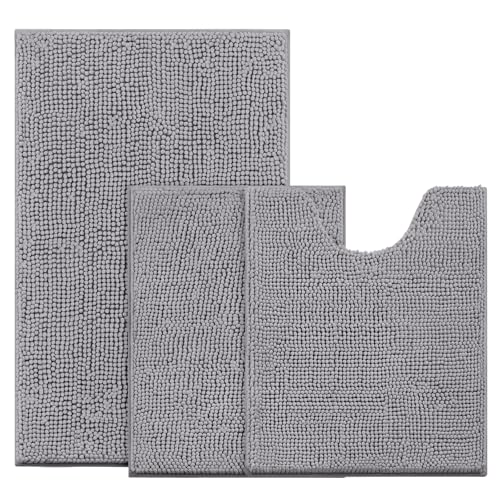 BYSURE Grey Bathroom Rugs Sets 3 Piece Non Slip Extra Absorbent Plush Chenille Soft Washable Bath Mats - Image 1