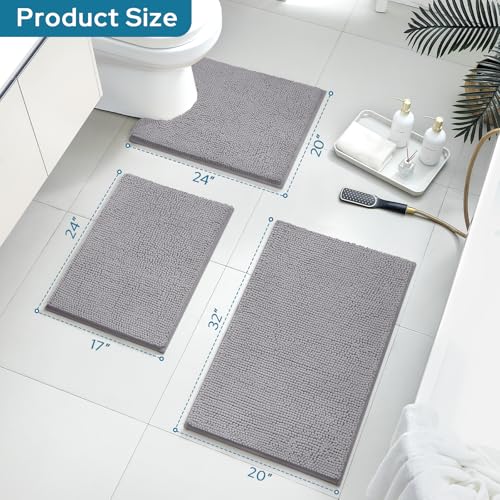 BYSURE Grey Bathroom Rugs Sets 3 Piece Non Slip Extra Absorbent Plush Chenille Soft Washable Bath Mats - Image 2