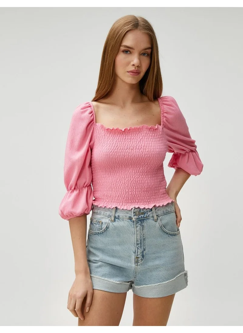 كوتون Crop T-Shirt Gimped Balloon Sleeve Square Neck