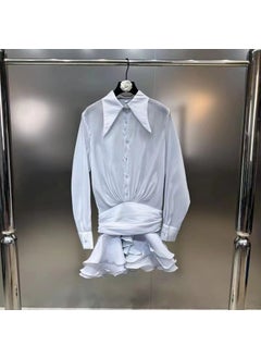 Nichedat Mini Dress White Shirt Dress Long Sleeve Truffle Edge Waist-Fitted Cake Skirt Summer New Arrival Womens Fashion Mint blue