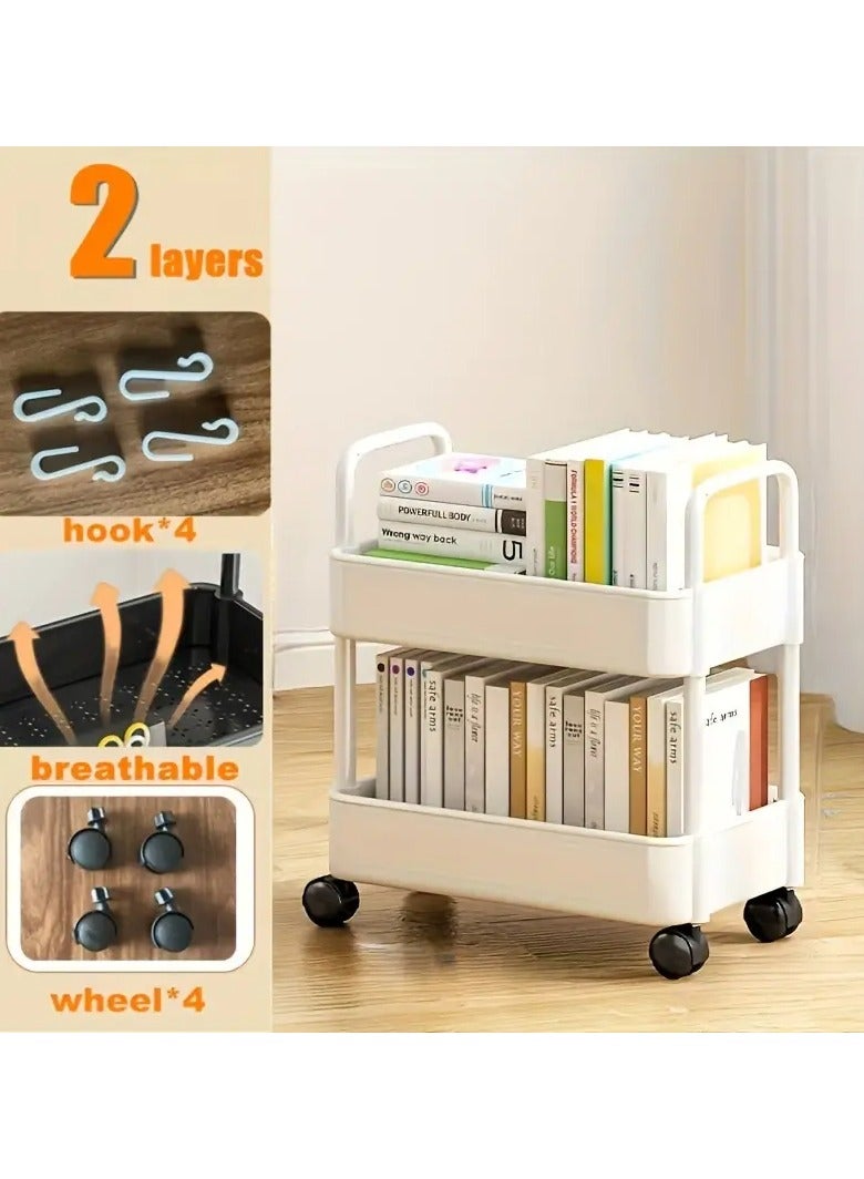 Generic 2-Tier Rolling Storage Cart with Wheels - White Plastic Organizer for Office, Kitchen, Bathroom, and Bedroom - Easy Assembly, No-Drill Shelves, Utility Cart, Utility Hooks, Utility Shelves  - Image 1