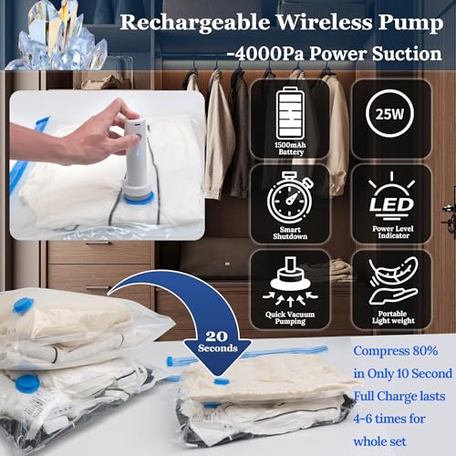 XIAQILAUS Vacuum Sealing Bags for Clothing Travel,Space Saver Vacuum Storage Bags with Wireless Air Pump (12 Combo Bags+Electric Pump) - Image 4