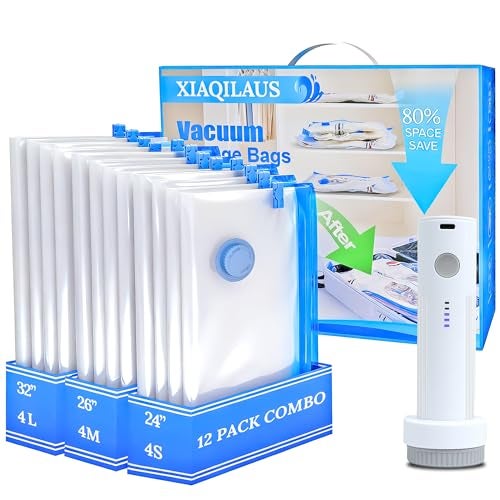 XIAQILAUS Vacuum Sealing Bags for Clothing Travel,Space Saver Vacuum Storage Bags with Wireless Air Pump (12 Combo Bags+Electric Pump) - Image 1