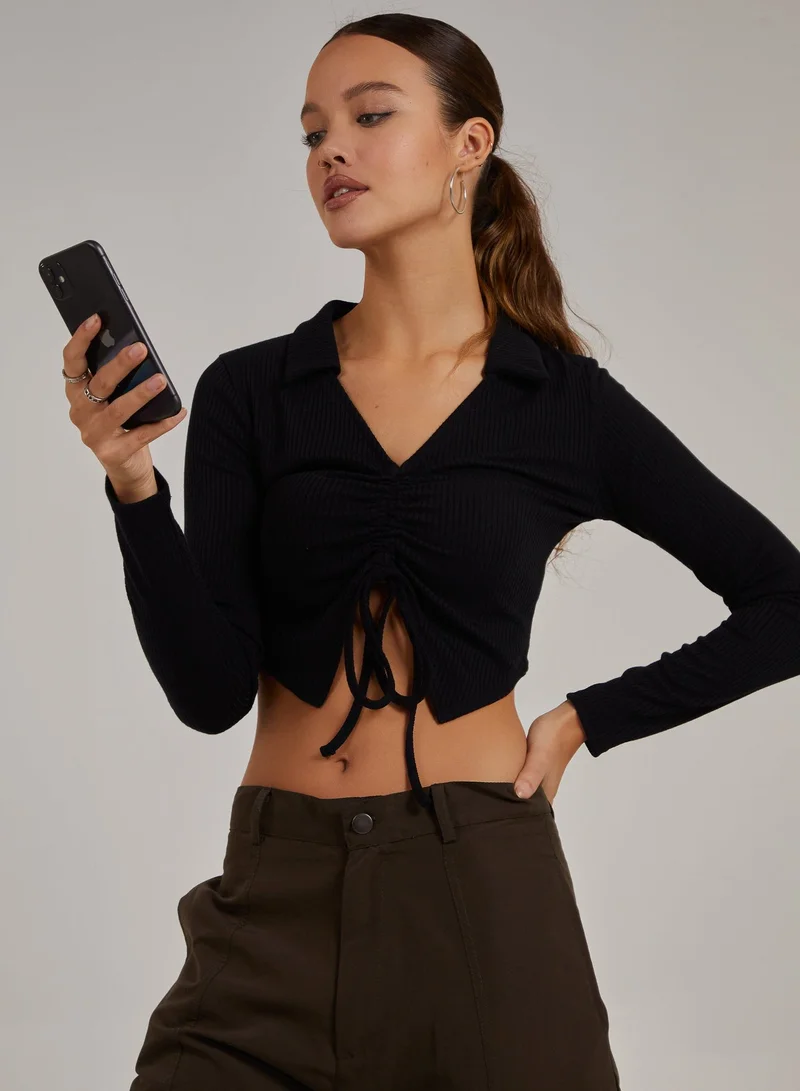 Pink Vanilla  Long Sleeve Gathered Rib Top for Women | Best Price UAE