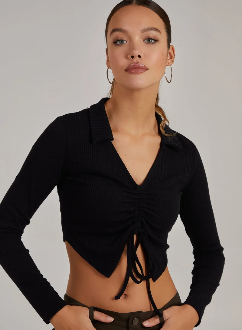 Pink Vanilla  Long Sleeve Gathered Rib Top for Women | Best Price UAE