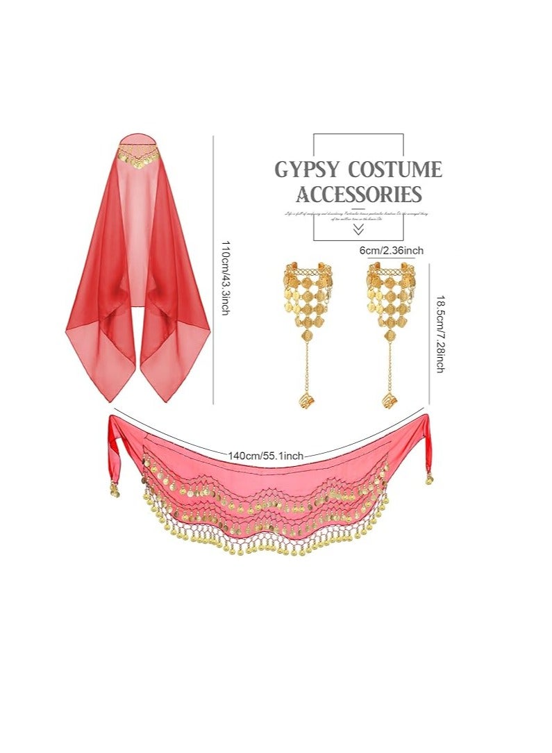 Excefore Gypsy Costume Women Gypsy Belly Dance Accessories Gypsy Head Scarf with Coins Gypsy Hip Scarf Bracelet Set - Image 5