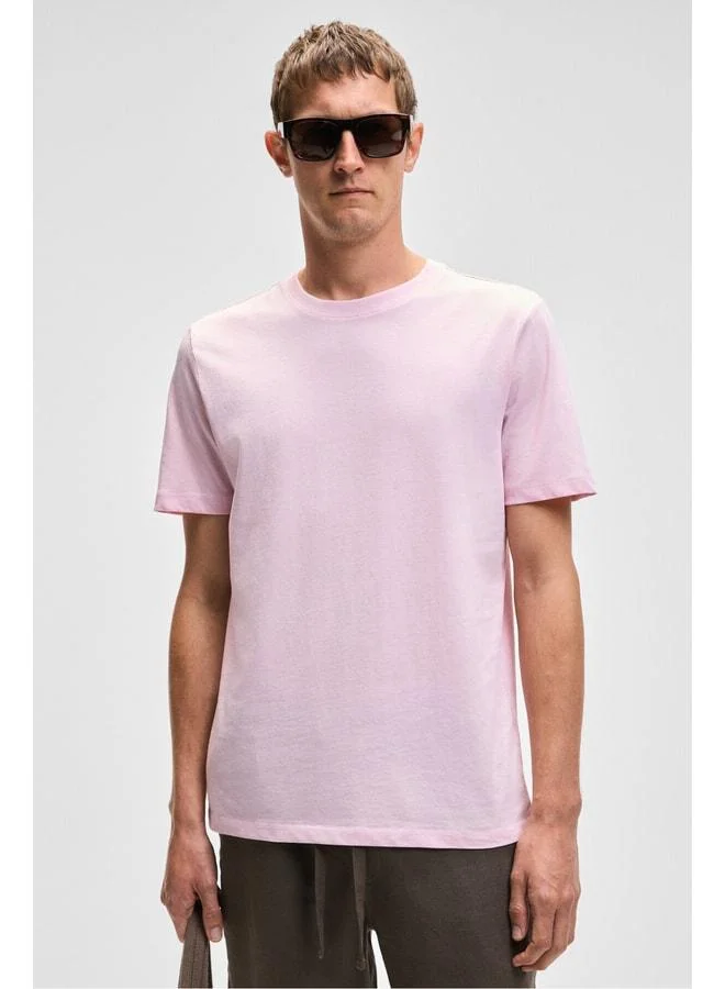 Grimelange Mocassin Men's 100% Cotton Relaxed Fit Round Neck Short Sleeve Pink T-shirt.