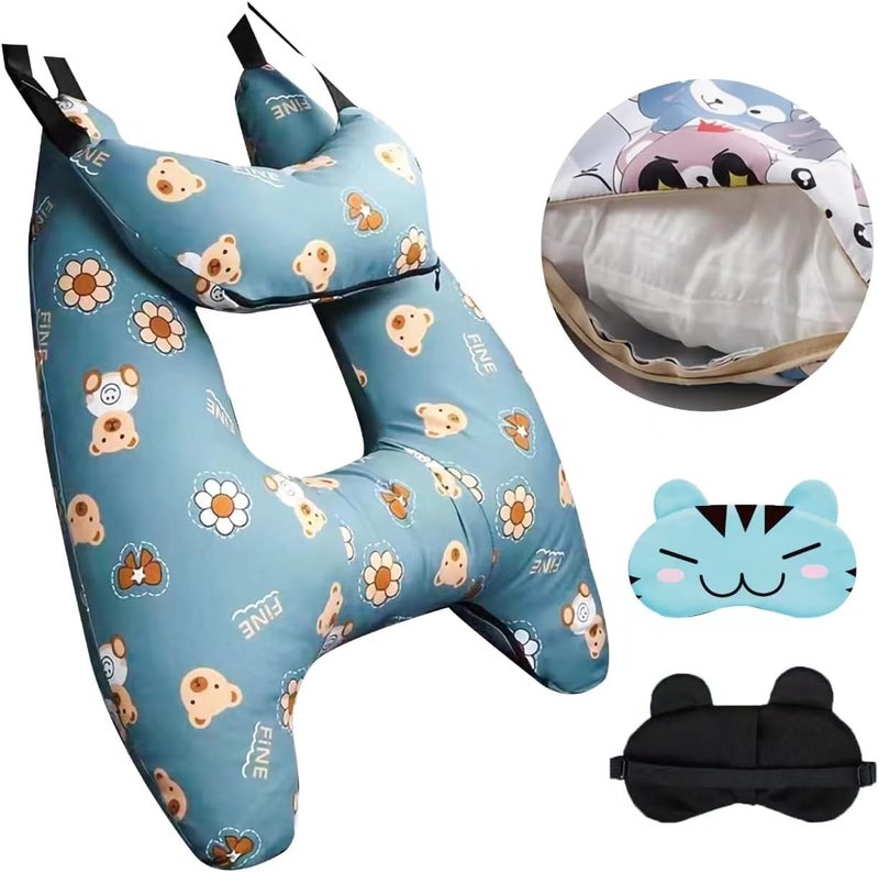 Tumahe Cute Cartoon Travel Pillow Suit, Kids & Adults Car Neck Head Support Cushion Set,Travel car seat Safety Pillow,h Shape car Sleeping Pillow Kids,Pillow case can be Disassembled and Washed (D) - Image 1
