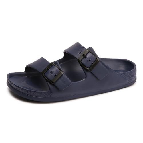 FUNKYMONKEY Women's Comfort Slides Double Buckle Adjustable EVA Flat Sandals (6 M US-Women, Navy) - Image 1