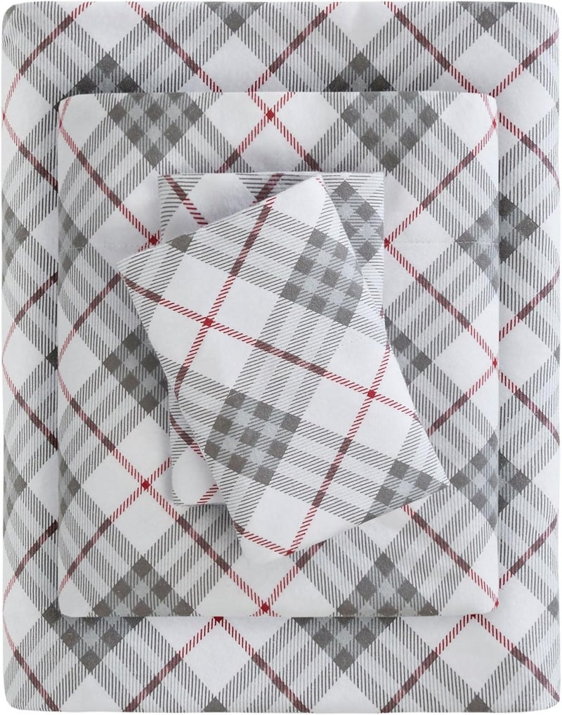 Sleep Philosophy True North by Sleep Philosophy Cozy Flannel Warm 100% Cotton Sheet - Novelty Print Animals Stars Cute Ultra Soft Cold Weather Bedding Set, Queen, Red Plaid 4 Piece - Image 1