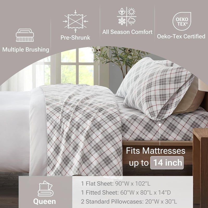 Sleep Philosophy True North by Sleep Philosophy Cozy Flannel Warm 100% Cotton Sheet - Novelty Print Animals Stars Cute Ultra Soft Cold Weather Bedding Set, Queen, Red Plaid 4 Piece - Image 3