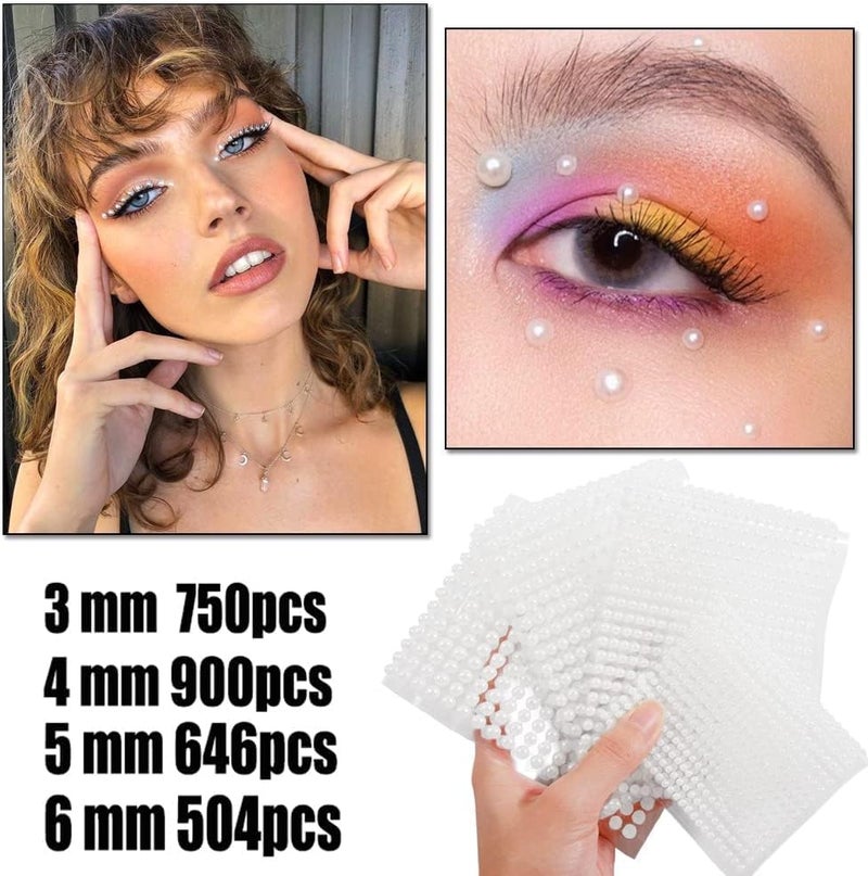 KASTWAVE White Pearl Rhinestone Stickers Makeup, Eye Gems Face Jewels Body Crystal Makeup Diamonds Temporary Tattoo Dots for Women Girls 3D Self Adhesive Flatback Pearls Nail Art Decorations, 4 Size 2800 PCS - Image 2