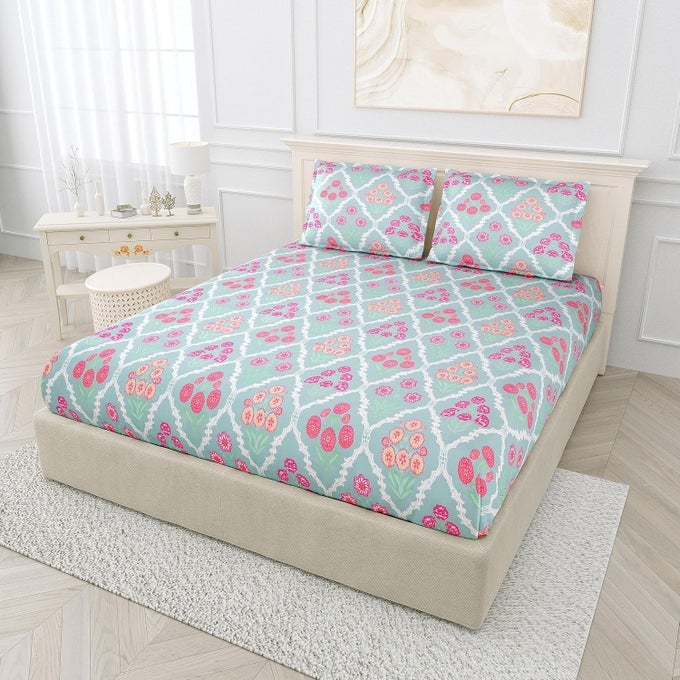 SUPER SOFT TWILIGHT FLORAL BEDSHEET BEDSHEET FOR DOUBLE BED KING SIZE DOUBLE BEDSHEET WITH 2 PILLOW COVERS PREMIUM PRINTED FLAT BED SHEET 106X107 INCHSEA GREEN