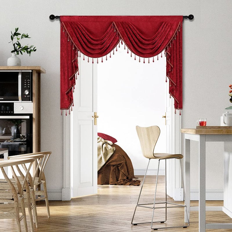 ELKCA Thick Chenille Window Curtains Valance for Living Room Burgundy Red Valance with Beads for Festival HolidayRod Pocket W59inch1 Panel