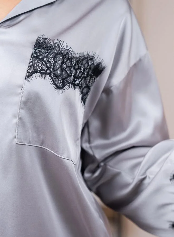 Aadaraya Aadaraya Lace Detail Sateen Sleepshirt with Pocket and Long Sleeves