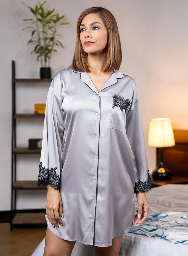 Aadaraya Aadaraya Lace Detail Sateen Sleepshirt with Pocket and Long Sleeves