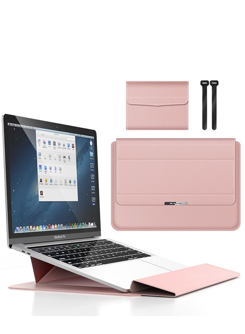 13-14 Inch Laptop Sleeve Bag Universial 2 in 1 Inner with Stand Function Portable Waterproof Case Compatible Laptops and Tablets Soft PU Leather (Pink Rose Gold) - Image 1