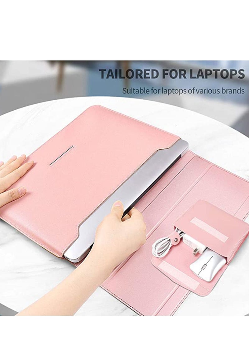13-14 Inch Laptop Sleeve Bag Universial 2 in 1 Inner with Stand Function Portable Waterproof Case Compatible Laptops and Tablets Soft PU Leather (Pink Rose Gold) - Image 4
