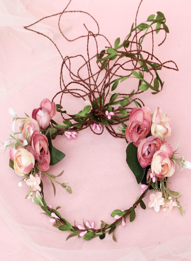 LLinfflr Vine Flower Crown Boho Flower Headband Hair Wreath Floral Halo Headpiece with Ribbon Wedding Party Photos Pink - Image 3
