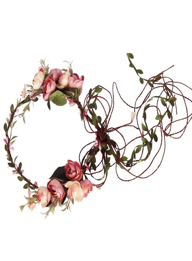 LLinfflr Vine Flower Crown Boho Flower Headband Hair Wreath Floral Halo Headpiece with Ribbon Wedding Party Photos Pink - Image 1