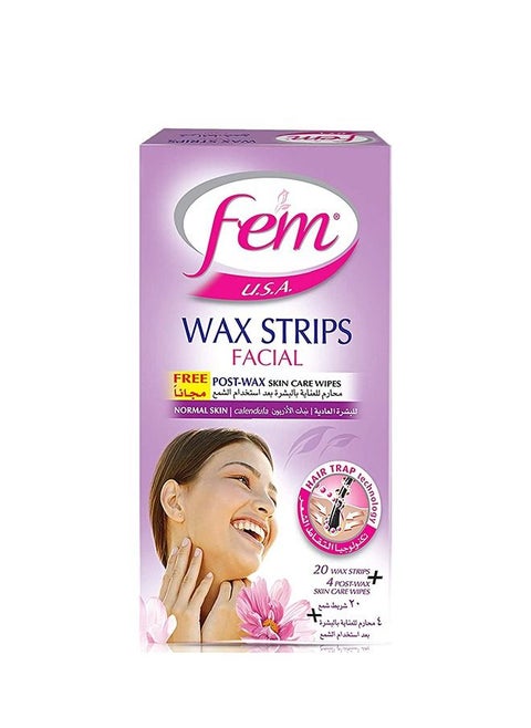 FEM USA Facial Wax Strips | Enriched With Calendula | For Sensitive Skin - 20 strips With Post-wax skin wipes