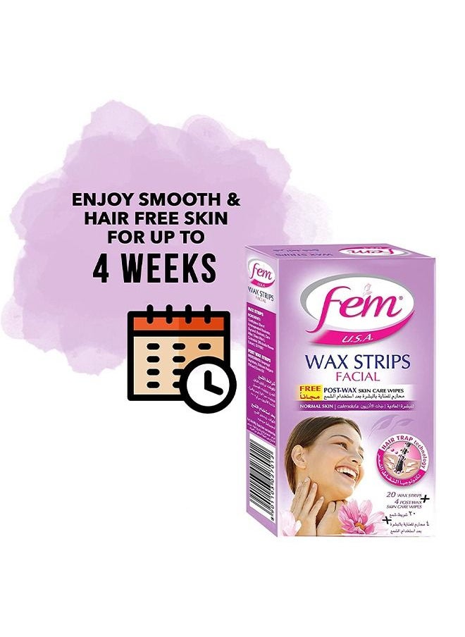 FEM USA Facial Wax Strips | Enriched With Calendula | For Sensitive Skin - 20 strips With Post-wax skin wipes