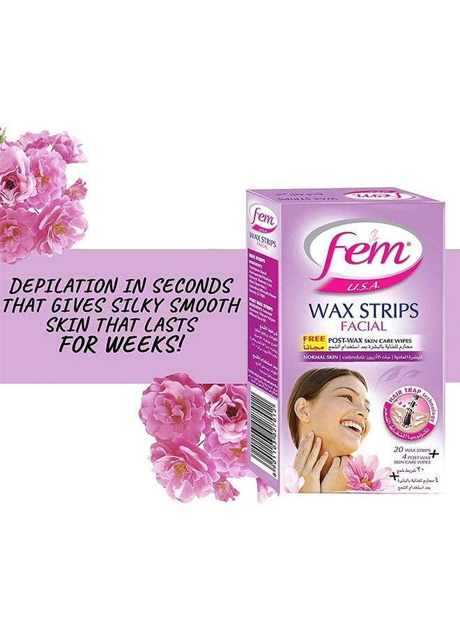 FEM USA Facial Wax Strips | Enriched With Calendula | For Sensitive Skin - 20 strips With Post-wax skin wipes