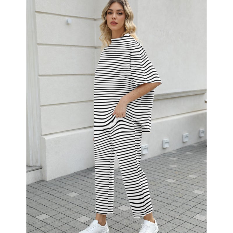 SeeLuNa Women's Two Piece Outfits 3/4 Batwing Sleeve Capelet Crew Neck Pullover Top Wide Leg Pants Lounge Set(Stripe-Black,M) - Image 4
