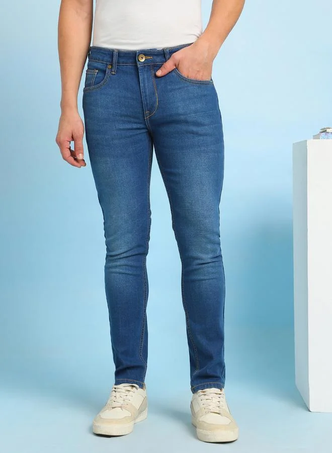 Dennis Lingo Men's Indigo Cotton Blend Solid Pattern Full Length Slim Fit Jeans
