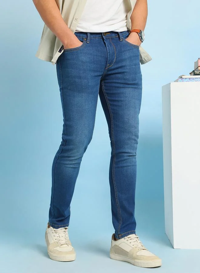 Dennis Lingo Men's Indigo Cotton Blend Solid Pattern Full Length Slim Fit Jeans