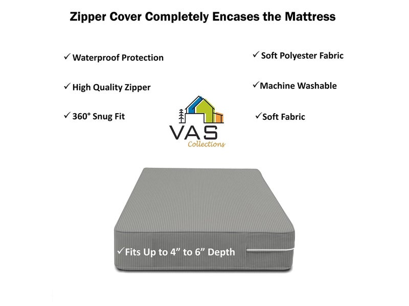 VAS COLLECTIONS® Premium Cotton Mattress Cover/Protector with Zipper Chain|Provides All Around Protection with 360° Encasing |Double - 78x60+6 inches (6x5/6/7 ft) - Pack of 1 - Grey - Image 2