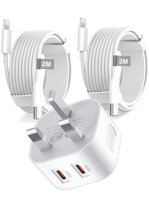 MFi Certified iPhone Fast Charger – Dual 20W PD USB-C Adapter with USB-C to Lightning u0026 USB-C to USB-C Cables (2M), Compatible with iPhone 14/13/12/11/X/8, iPad, AirPods