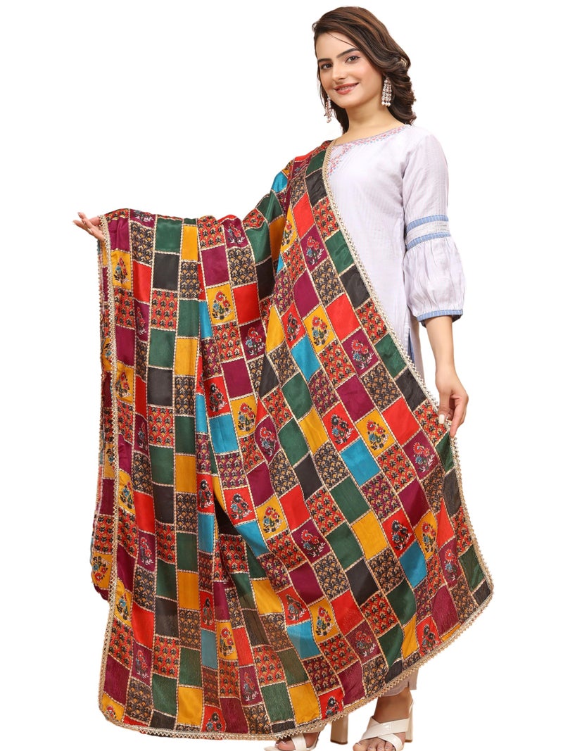 KEMZA Women's Silk Blend Multicolor Printed Dupatta For Wedding And Festivals - Image 1