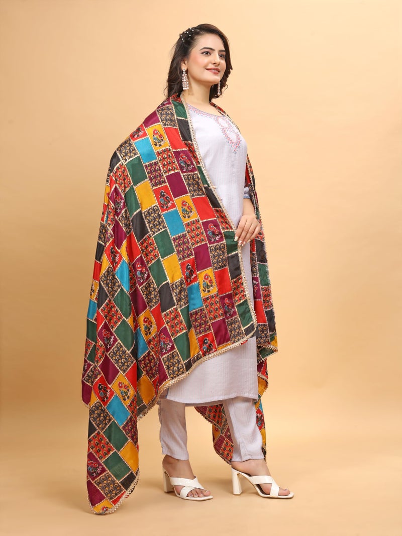 KEMZA Women's Silk Blend Multicolor Printed Dupatta For Wedding And Festivals - Image 2