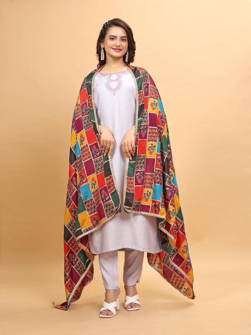 KEMZA Women's Silk Blend Multicolor Printed Dupatta For Wedding And Festivals - Image 3