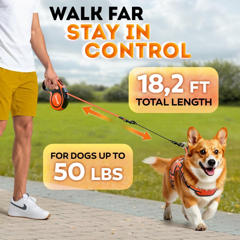 IWOOFI Retractable Dog Leash 18.2 ft â€“ Chew Proof Cable Included â€“ 360Â° Tangle-Free Design â€“ Heavy Duty Reflective Leash â€“ Soft Anti-Slip Grip Outdoor Daily for Small & Medium Dogs up to 50 lbs (Orange) - Image 2