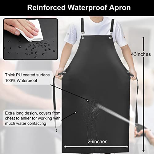 SHEOMERN Waterproof Rubber Apron, 43" Anti-Tear Heavy Duty Vinyl Adjustable Thicker Cross Back Dishwasher Apron for Restaurant Dishwashing, Butcher, Lab Work, Dog Grooming Black - Image 2