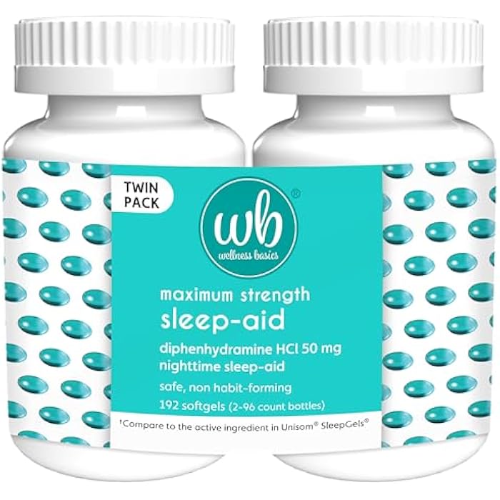 Wellness Basics Sleep Aid | Maximum Strength Diphenhydramine HCl 50 mg | Non-Habit Forming | Twin Pack -192 Total Softgels for Restful Sleep - Image 1