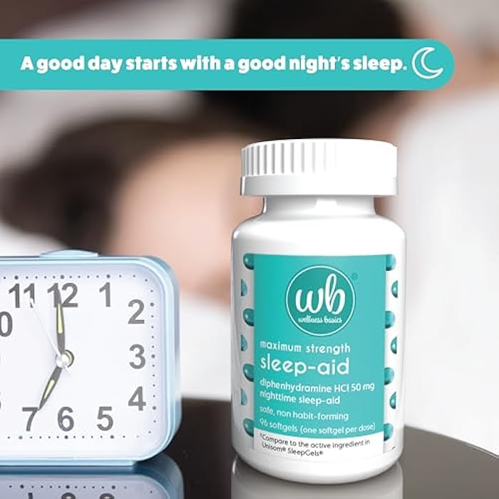 Wellness Basics Sleep Aid | Maximum Strength Diphenhydramine HCl 50 mg | Non-Habit Forming | Twin Pack -192 Total Softgels for Restful Sleep - Image 2
