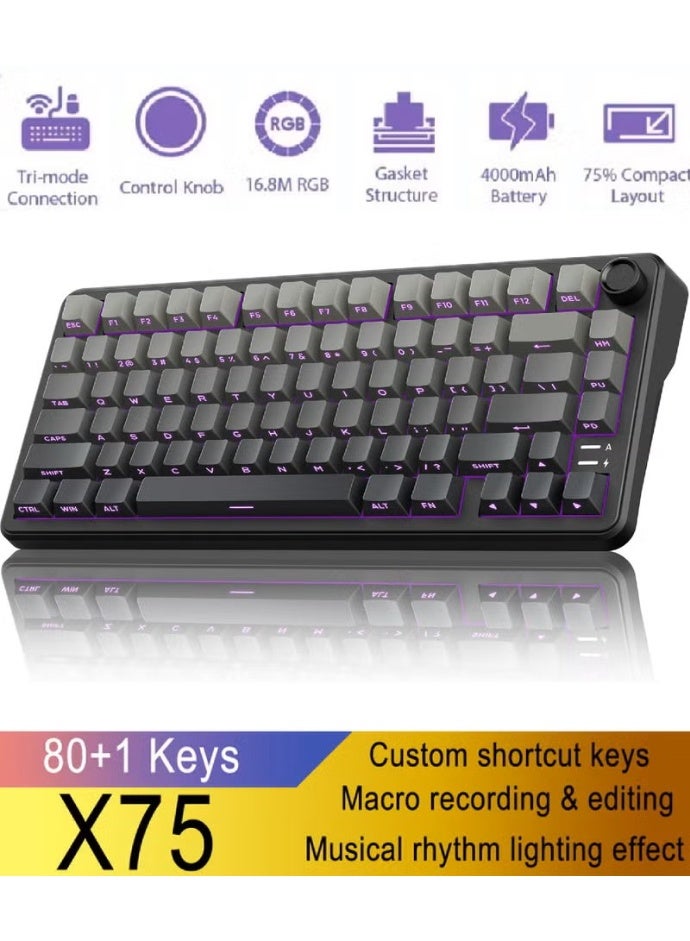ROCK POW X75 Wireless Gasket RGB Backlit Gaming Keyboard,Tri-Mode BT5.0/2.4GHz/USB-C Hot-Swappable Mechanical Keyboard,Rapid Trigger 1KHz Polling Rate Wired mode Pre-lubed Linear Switches,Sound Absorbing 75% Compact Layout with Knob,Side Printed Keycaps with Adjustable Actuation